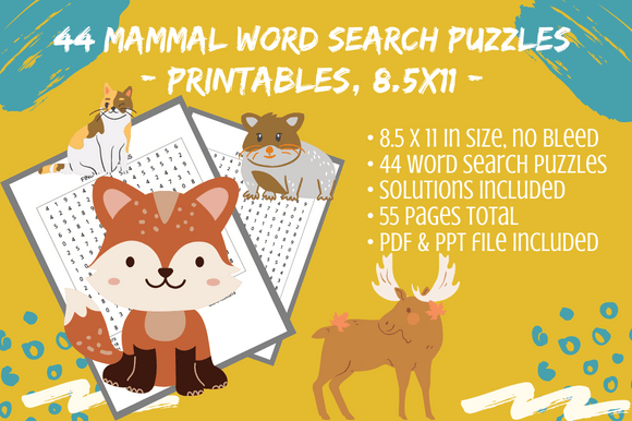 Download 44 Assorted Mammal Animals Word Searches - Animals Collection